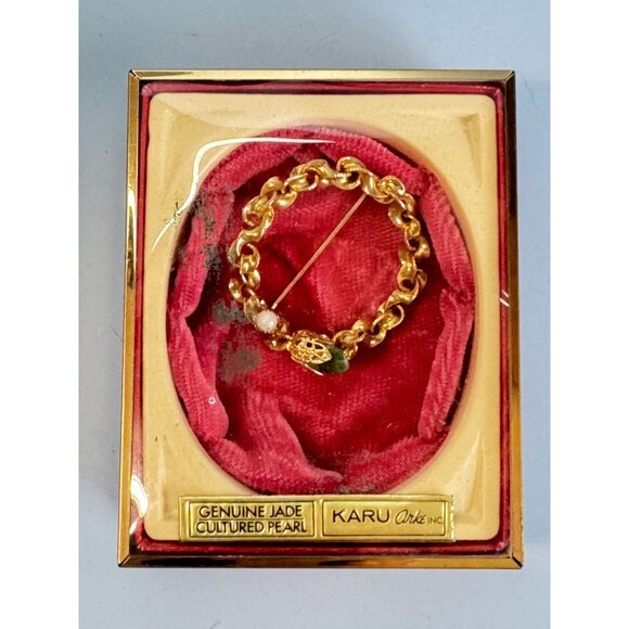 Vintage Karu Arke Inc. Genuine Jade & Cultured Pearl Gold-Tone Circle Brooch - Picture 3 of 6